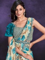 Cream And Blue Satin Silk Ready To Wear Saree